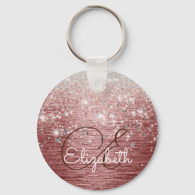 Rose Gold Brushed Metal Silver Glitter Monogram Keychain (Front)