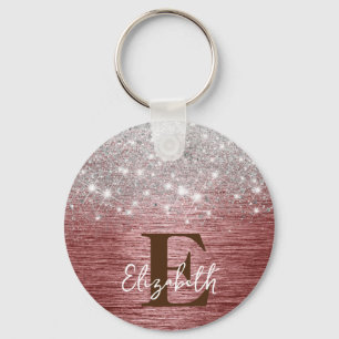 Rose Gold Brushed Metal Silver Glitter Monogram Keychain