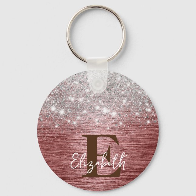 Rose Gold Brushed Metal Silver Glitter Monogram Keychain (Front)