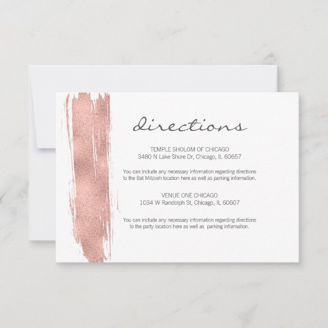 Rose Gold Brushstroke Bat Mitzvah Directions Card (Front)