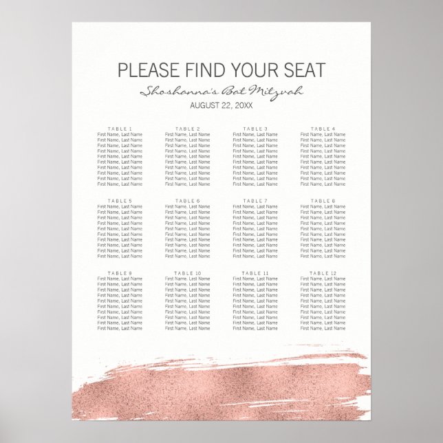 Rose Gold Brushstroke Bat Mitzvah Seating Chart (Front)