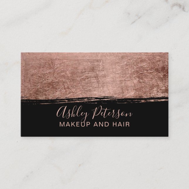 Rose gold brushstroke black hair makeup typography business card (Front)
