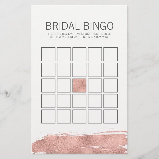 Rose Gold Brushstroke Bridal Shower Bingo Game  (Front)