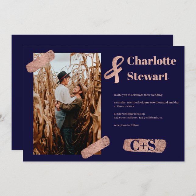 Rose gold brushstroke elegant chic wedding photo invitation (Front/Back)