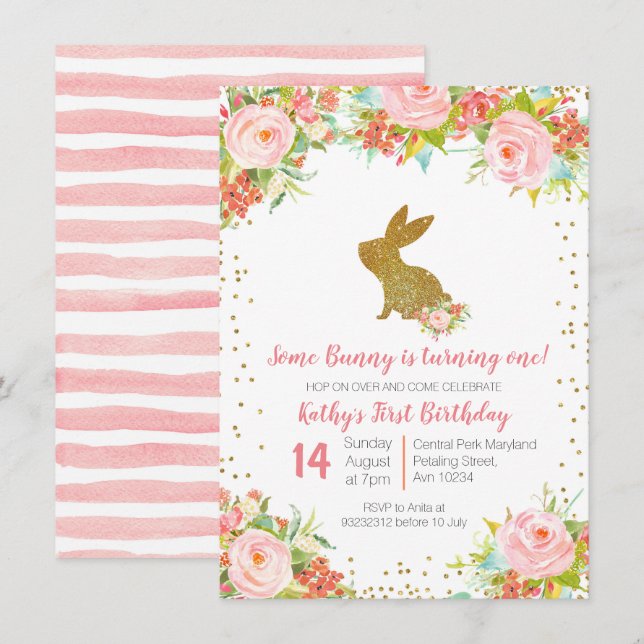 Rose Gold Bunny 1er Anniversaire Floral Invitation (Devant / Derrière)