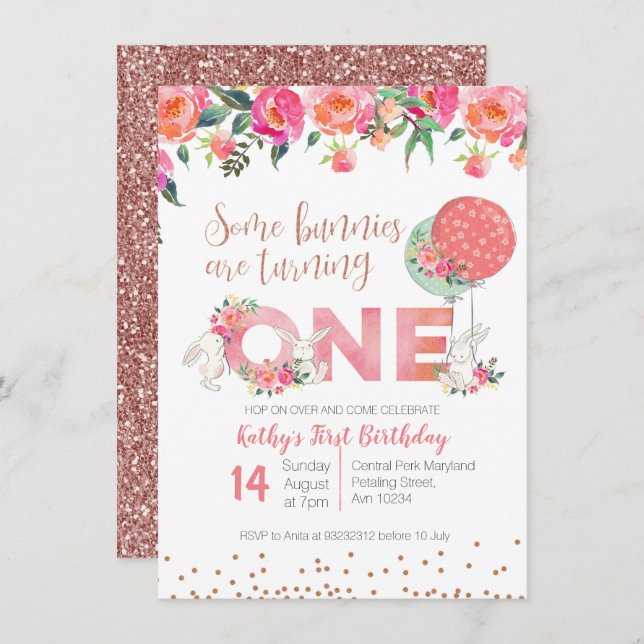 Rose Gold Bunny TWIN Birthday Floral Invitation (Front/Back)