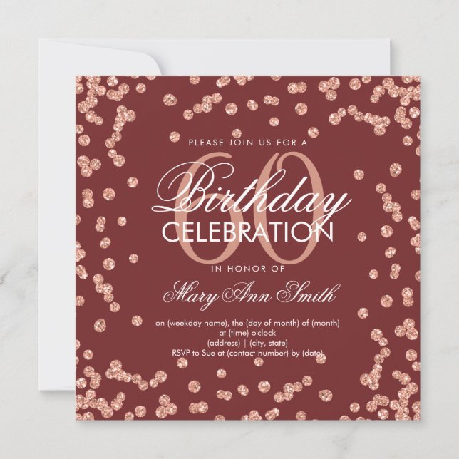 Rose Gold Burgundy 60th Birthday Glitter Confetti Invitation (Front)