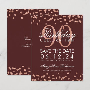 Rose Gold Burgundy 90th Birthday Confetti Invitation