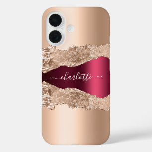 Rose gold burgundy agate marble name script iPhone 16 case