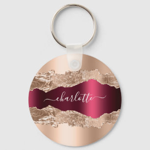 Rose gold burgundy agate marble name script keychain