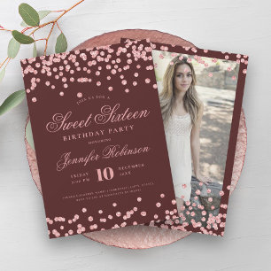 Rose Gold Burgundy Confetti Photo Sweet 16 Invitation