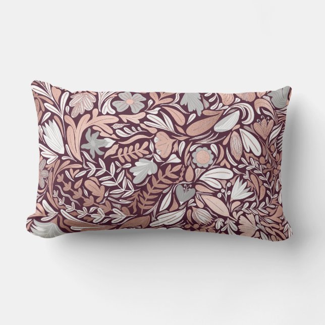 Rose Gold Burgundy Floral Illustration Pattern Lumbar Pillow (Front)