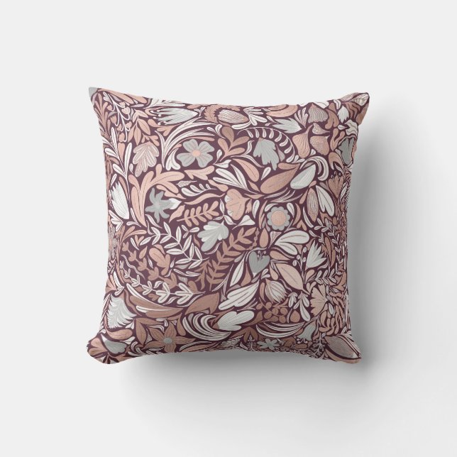 Rose Gold Burgundy Floral Illustration Pattern Outdoor Pillow (Front)