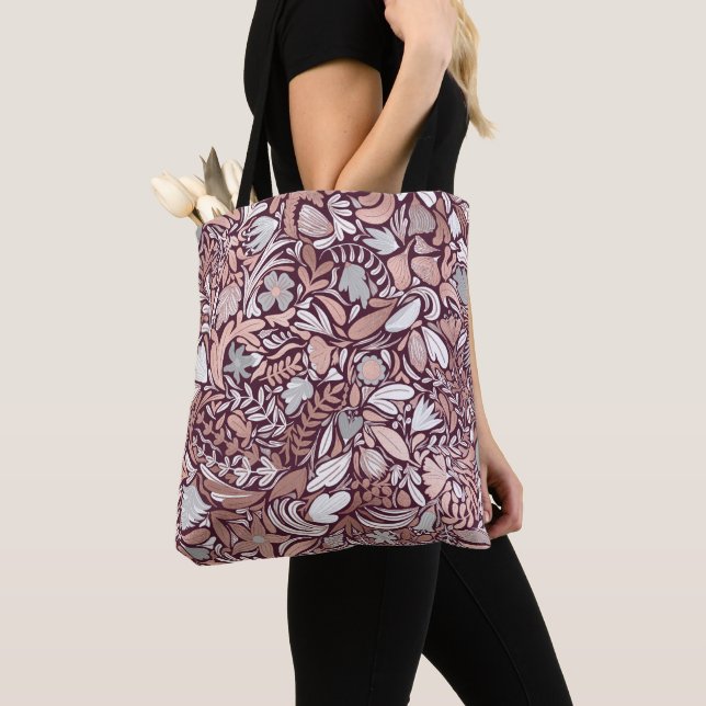 Rose Gold Burgundy Floral Illustration Pattern Tote Bag (Close Up)