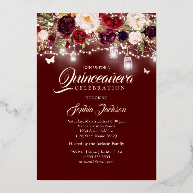 Rose Gold Burgundy Floral Lights Quinceanera  (Front)