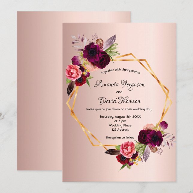 Rose gold burgundy florals geometric wedding invitation (Front/Back)