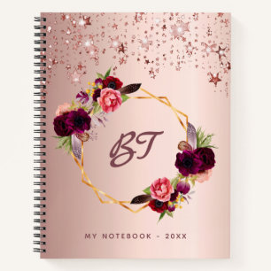 Rose gold burgundy florals monogram stars chic notebook