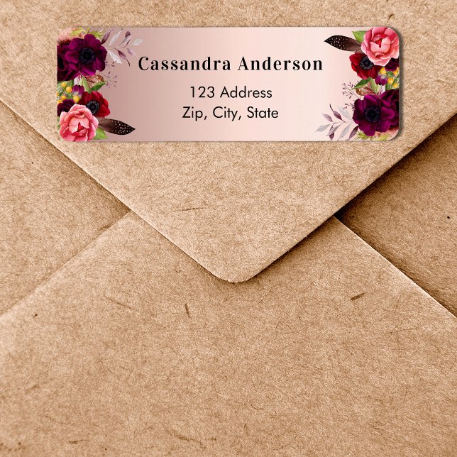 Rose gold burgundy florals return address label (Creator Uploaded)