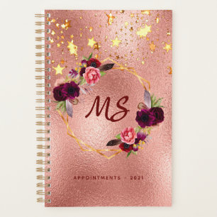 Rose gold burgundy flowers monogram 2025 planner