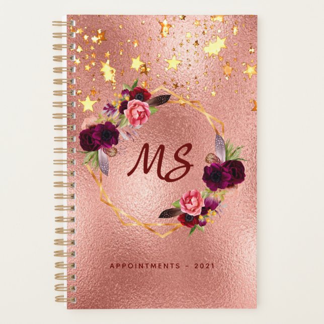 Rose gold burgundy flowers monogram 2025 planner (Front)
