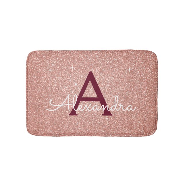 Rose Gold Burgundy Foil Glitter Sparkle Monogram Bath Mat (Front)