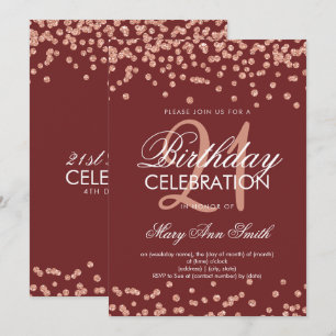 Rose Gold Burgundy Glitter Confetti 21st Birthday Invitation