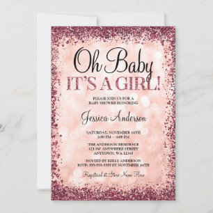 Rose Gold Burgundy Glitter Lights Girl Baby Shower Invitation