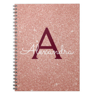 Rose Gold Burgundy Glitter Sparkle Monogram Notebook