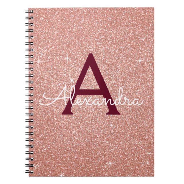 Rose Gold Burgundy Glitter Sparkle Monogram Notebook (Front)
