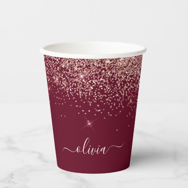 Rose Gold Burgundy Glitter Sparkle Monogram Paper Cups (Front)