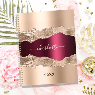 Rose gold burgundy metal agate marble name script notebook