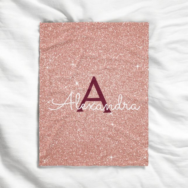 Rose Gold Burgundy Sparkle Glitter Monogram Name Fleece Blanket (Creator Uploaded)