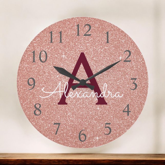 Rose Gold Burgundy Sparkle Glitter Monogram Name Large Clock (Creator Uploaded)