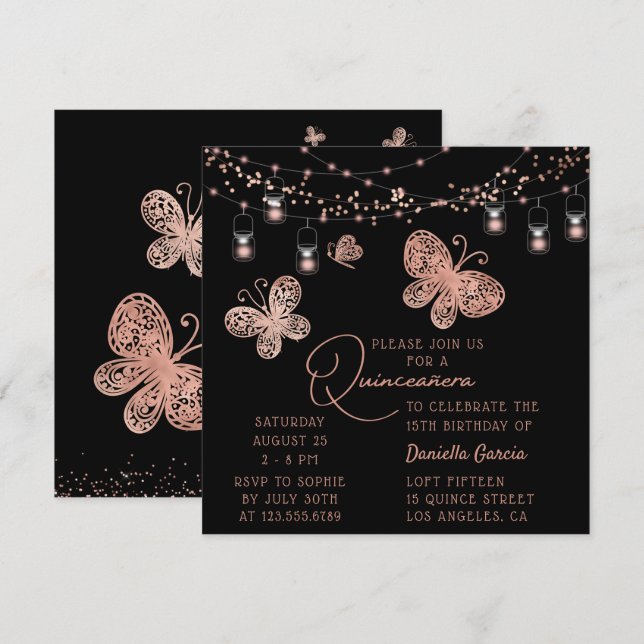 Rose Gold Butterfly Chic Modern Quinceañera Invitation (Front/Back)