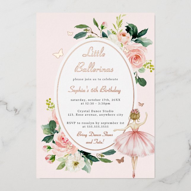 Rose Gold Butterfly Floral Ballerina Kids Birthday (Front)