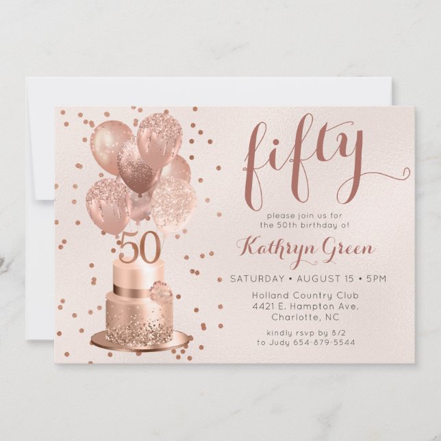 Rose Gold Cake 50th Birthday Invitation (Devant)