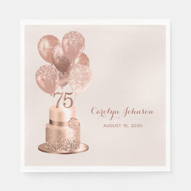 Rose Gold Cake 75th Birthday Napkin (Front)