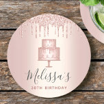 Rose gold cake glitter drips elegant girly party round paper coaster<br><div class="desc">Relax with your favourite beverage and protect your furniture with these simple, modern, girly, and stylish custom name paper coasters. A glittery, chic, rose gold 2 layer cake, elegant script typography and glitter drips overlay a faux metallic rose gold ombre background. Personalize with the name and message of your choice....</div>