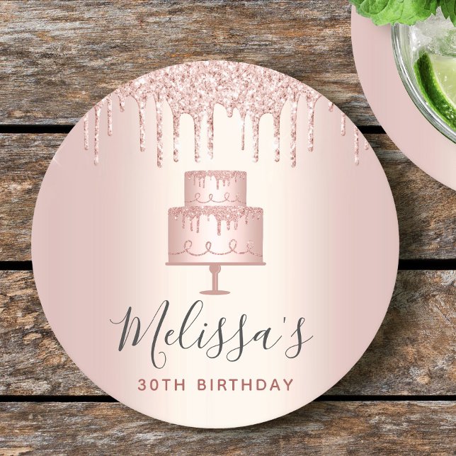 Rose gold cake glitter drips elegant girly party round paper coaster (Creator Uploaded)