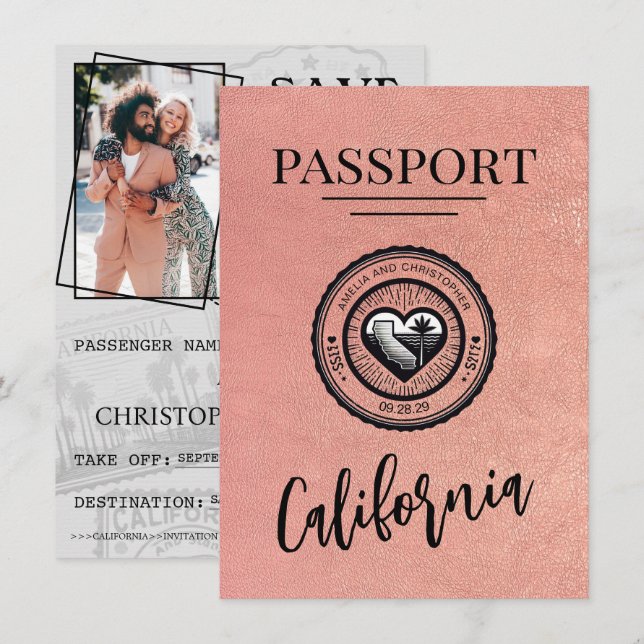 Rose Gold California Passport Save The Date (Front/Back)