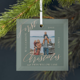 Rose Gold Calligraph Christmas New Home Photo Glass Ornament