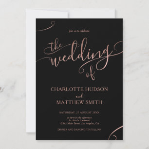 Rose Gold Calligraphy Black Wedding Invitation