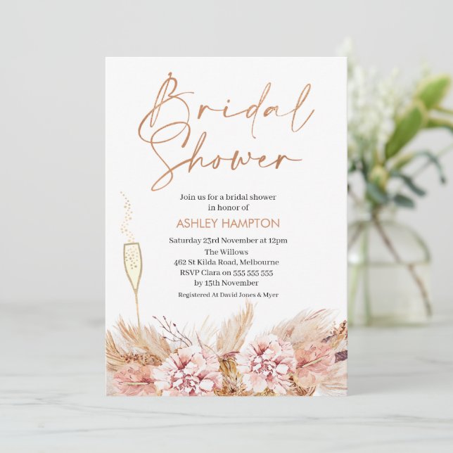 Rose Gold Calligraphy Boho Pampas Bridal Shower  I Invitation (Standing Front)
