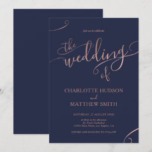 Rose Gold Calligraphy   Navy Wedding Invitation 