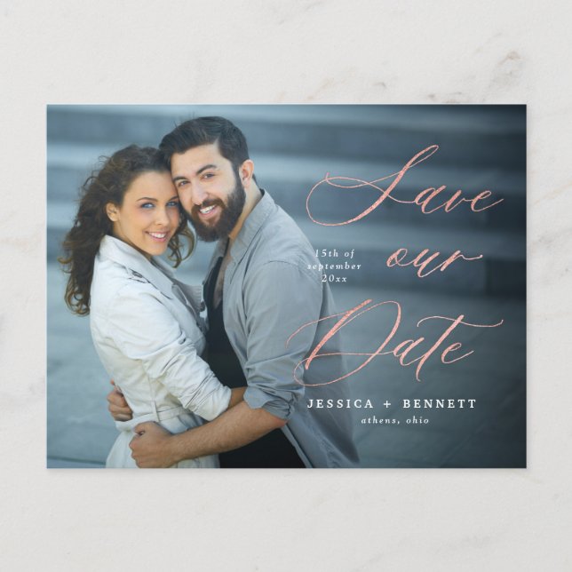 Rose Gold Calligraphy Script Photo Save the Date Postcard (Front)