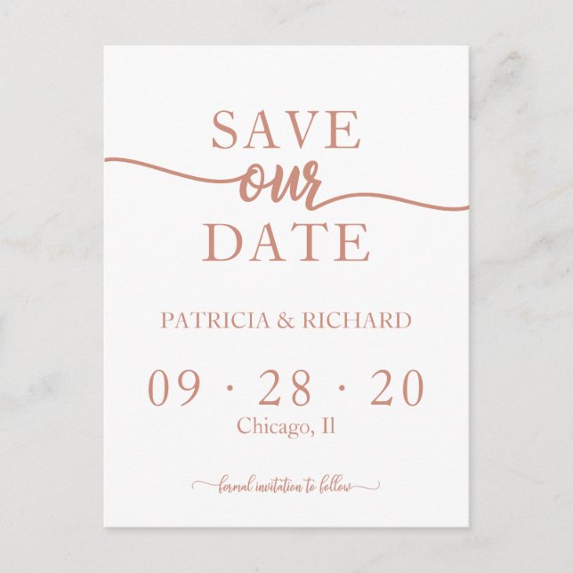 Rose Gold Calligraphy Wedding Save The Date Postcard (Front)