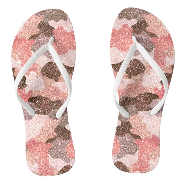 Rose Gold Camo Faux Glitter Girly Camouflage Glam Flip Flops (Footbed)