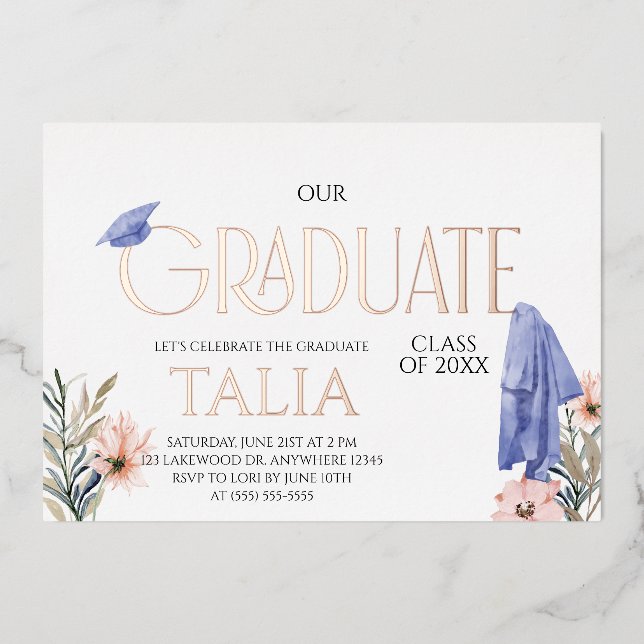 Rose Gold Cap and Gown Graduation Foil Invitation (Front)