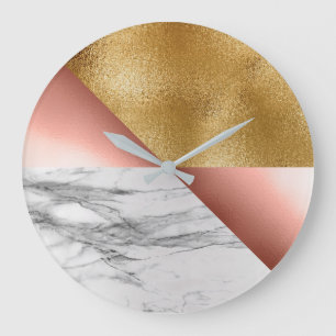 Rose Gold Carrara Marble Grey Geometry Metallic Large Clock