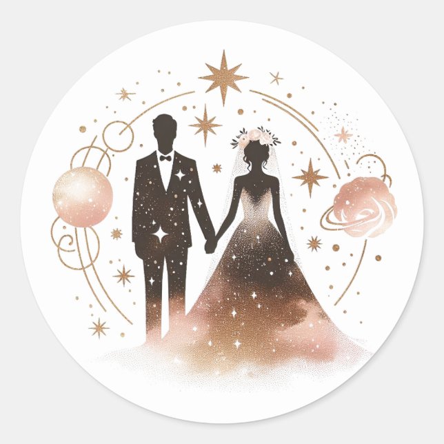 Rose Gold Celestial Wedding Classic Round Sticker (Front)